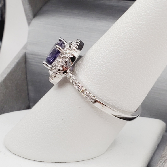 Purple Amethyst Double Diamond Halo Silver Tone Ring - Picture 2 of 4